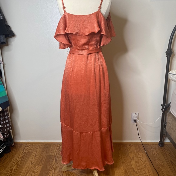 #44 COPY - Orange Satin Ruffle Wrap Asymmetric Party Dress - Picture 4 of 9